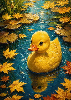 Cute Duckling in Autumn Pond