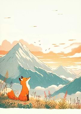 Fox Gazing at Mountain Landscape