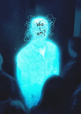 Man questioning identity with glowing aura