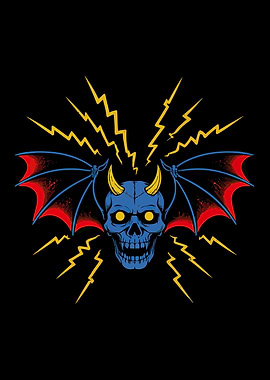 Blue Devil Skull with Wings and Lightning