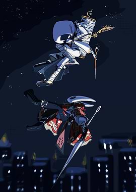 Anime characters in flight over city