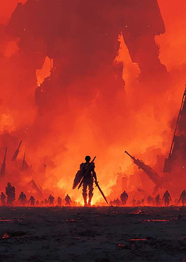 Warrior in a fiery apocalyptic landscape
