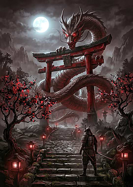 Samurai Comes to the Dragon Guarding the Torii Gate