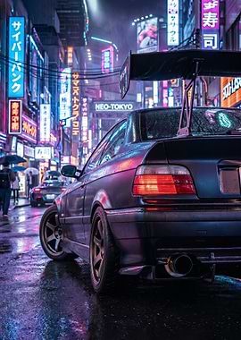 sleek Cyberpunk bmw m3 e36 Car in Neo-Tokyo