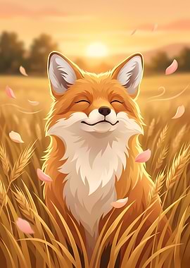Happy Fox in Golden Wheat Field