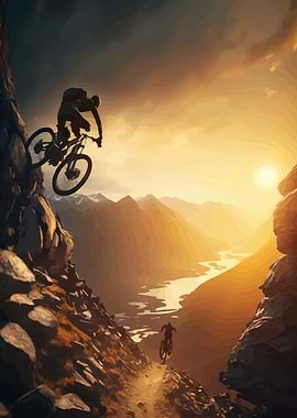 Mountain Biker Jumping at Sunset