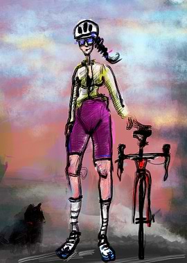 Cyclist with Bicycle at Sunset