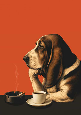 Melancholy Basset Hound Coffee Poster — Retro Smoking Dog Wall Art