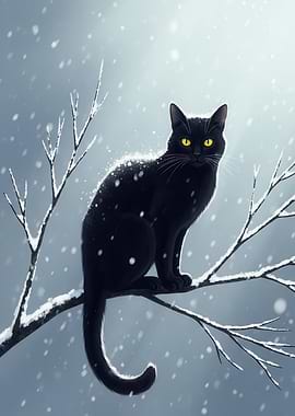 Black Cat in Snowy Branches