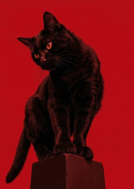 Black Cat on Red Background