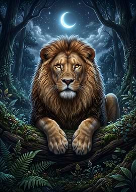 Majestic Lion in Moonlit Forest