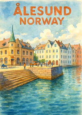 Ålesund Norway Vintage Travel Poster | Watercolor Scandinavian Harbor Wall Art