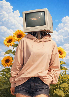 Retro Computer Head in Sunflower Field