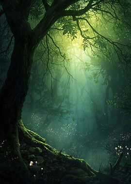 Enchanted Forest with Sunbeams