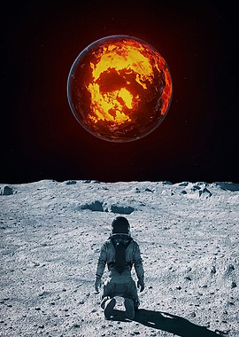 Astronaut Kneeling Before Fiery Planet