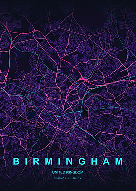 Birmingham City Map Neon Art