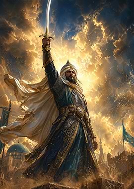 Warrior Raising Sword in Golden Sky
