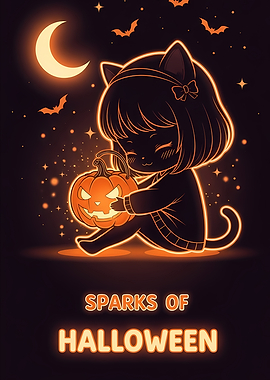 Cute Anime Black Cat Girl Holding Jack-O'-Lantern with Moon, Bats and Orange Glow Halloween