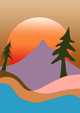 Stylized Mountain Sunset Landscape