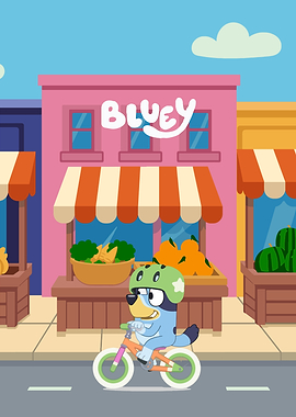 Bluey rides a bike in front of a shop