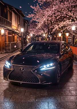 Lexus LS Under Cherry Blossoms at Night