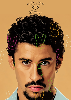 Bad Bunny Portrait with Neon Rabbits