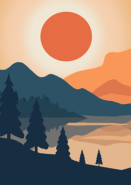 Sunset over a serene lake and mountains