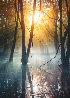 Misty Forest Sunrise Over Water