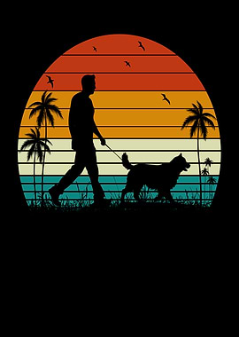 Man walking dog at sunset