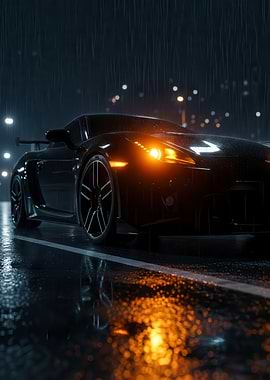 Black Sports Car in Rain