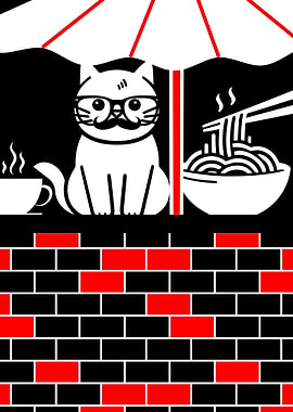 Hipster Cat Enjoying Ramen and Coffee