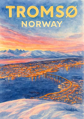 Tromsø Norway Vintage Travel Poster | Watercolor Arctic Fjord Sunset Wall Art