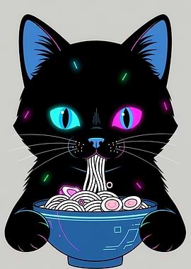 Black Cat Eating Ramen