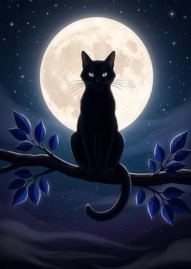 Black Cat on a Branch Under the Moon