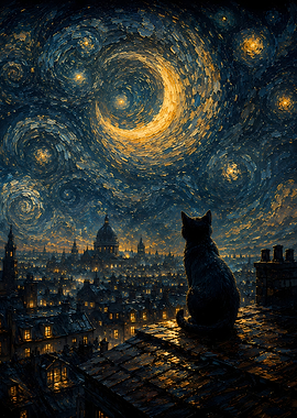 Cat on a rooftop overlooking a city at night