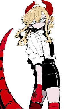 Anime Demon Girl with Red Horns and Tail