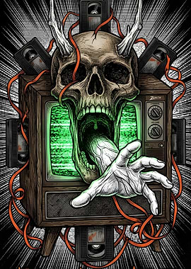 Demonic Skull Emerging from Vintage TV
