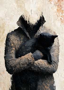 Figure holding a black cat