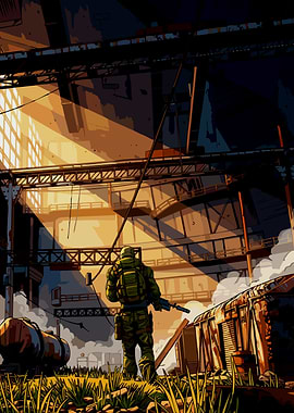 Soldier in abandoned industrial setting