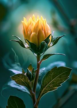 Yellow flower bud with green leaves