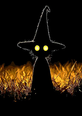 Silhouette Witch with Glowing Eyes in Field