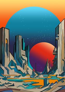 Sci-fi Cityscape with Red Planet