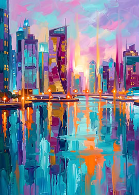 Vibrant Cityscape Reflection Painting