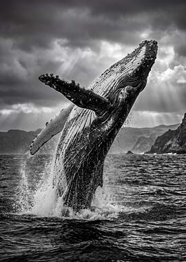Humpback whale breaching in black and white