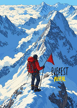 Mount Everest Climber with Flag red