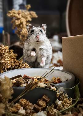 Cute Cookie the hamster by its food bowl