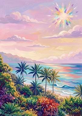 Tropical Beach Sunset with Palm Trees