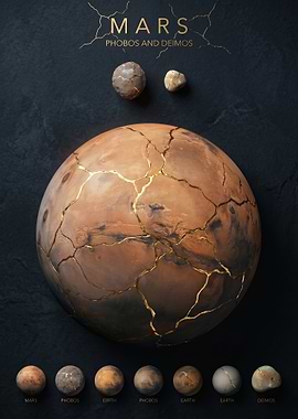 Cracked Mars and Moons with Gold
