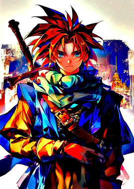 Anime character with sword and blue scarf