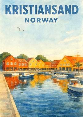 Kristiansand Norway Vintage Travel Poster | Watercolor Harbor Wall Art